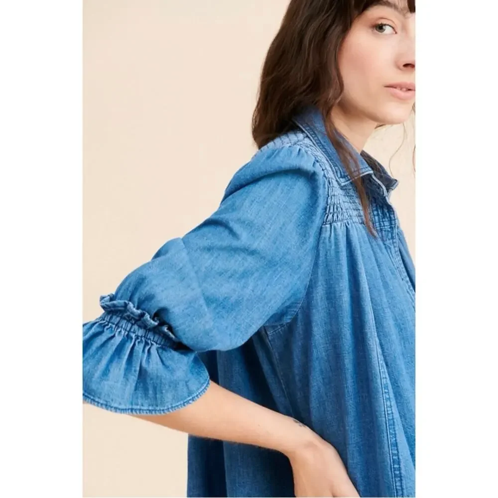 Free People Western Bohemian Vanessa Denim Tunic Top Shirt Dress Size Medium